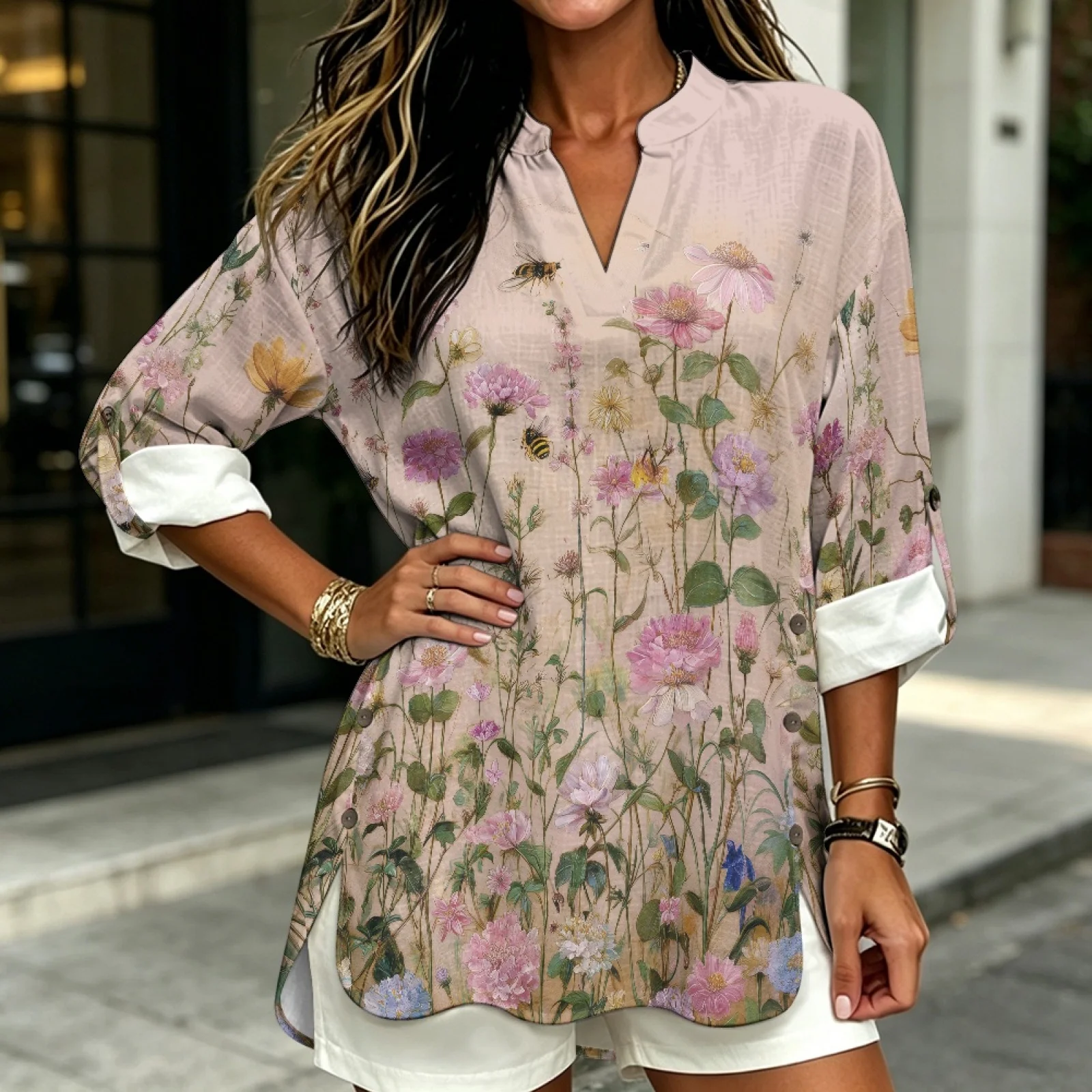 PENSTROLL Side Slit Linen Like Casual Shirts Pullover Tunic Shirts for Daily Wear Bee and Flower