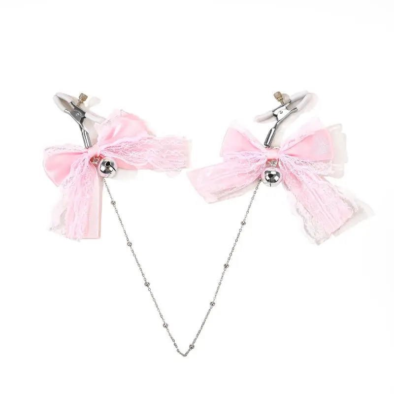 AD1Pairs Lace Butterfly Knot Bell Nipple Clamps Adult Toy With Chain Sexy Teasing Accessory Polyester Fabric Cute Girl Style