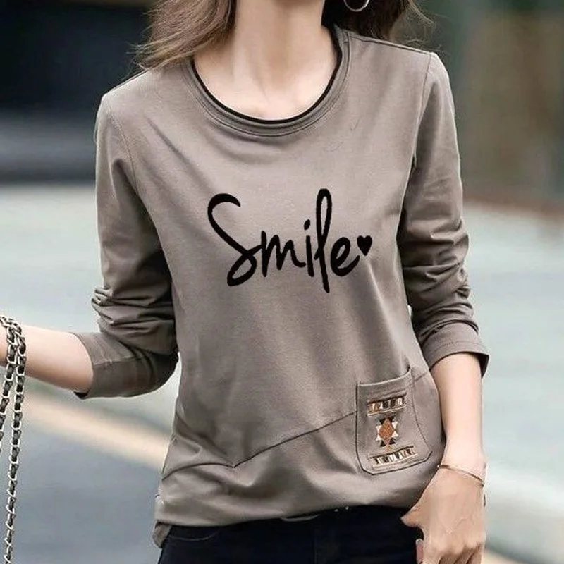 Causal O-neck Letter Print Skinny Long Sleeved T-shirts Fashion Spring Autumn Simple Comfortable Cotton Top Women\'s Clothing