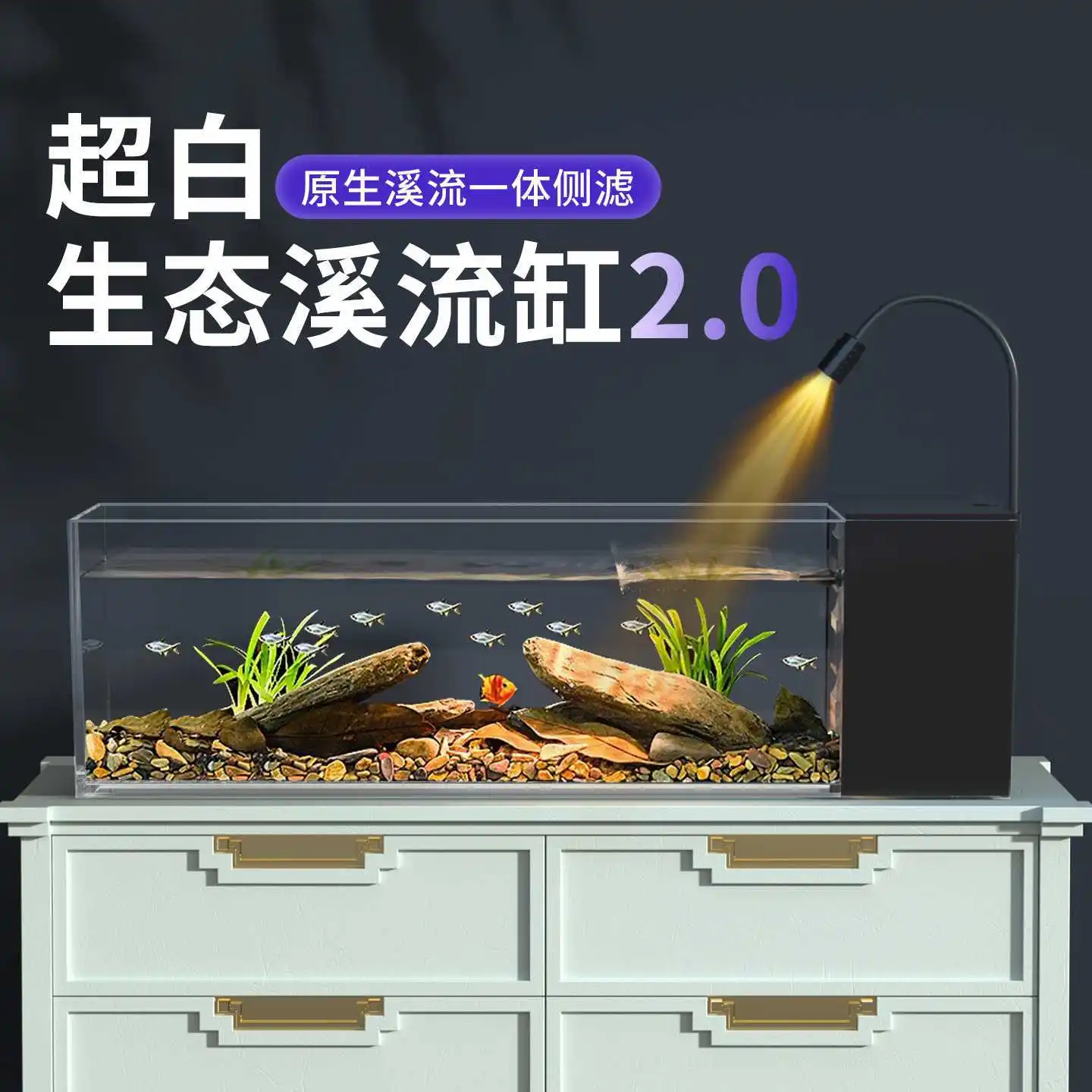 Fish tank, stream tank, living room desktop side, integrated forming landscaping , oxygen production, side