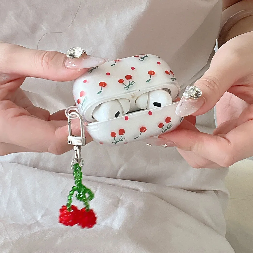 For AirPods Pro 2nd Case Cherry Cartoon Soft Silicone Cover For AirPods 4 3 1 2 Girls Earphone Box Shell With Crystal Pendant