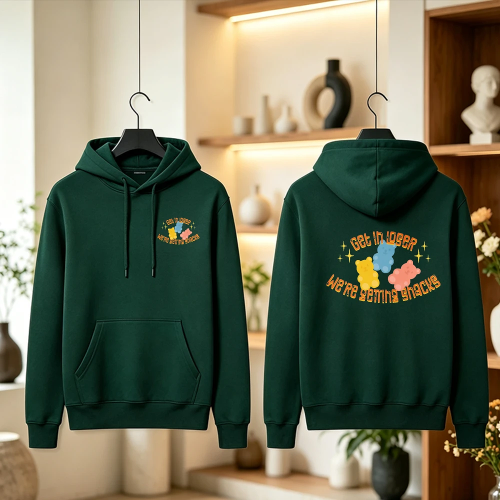 Get in Loser Hoodie Were Getting Snacks Gummy Bear Funny Sarcastic Y2K Retro Cute Graphic Double Sided Print Unisex Pullover
