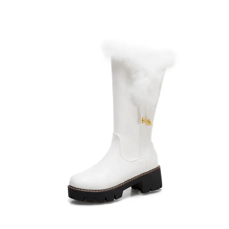 YMECHIC Plus Size 34-43 Winter Casual Warm Fur Mid-Calf Snow Botas Ladies Round Toe Square Party Shoes for Women Muje 2025