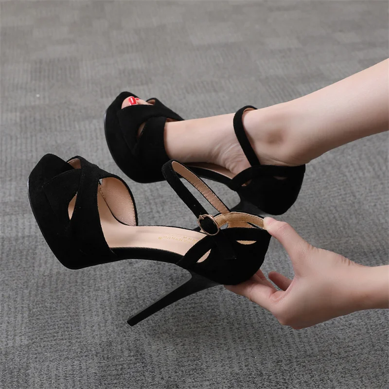 2024 Luxury Brand Women Sandals Sexy 12cm High Heels Wedding Bride Shoes Party Platform Strap Open Toe Shoes Ladies Pumps Black