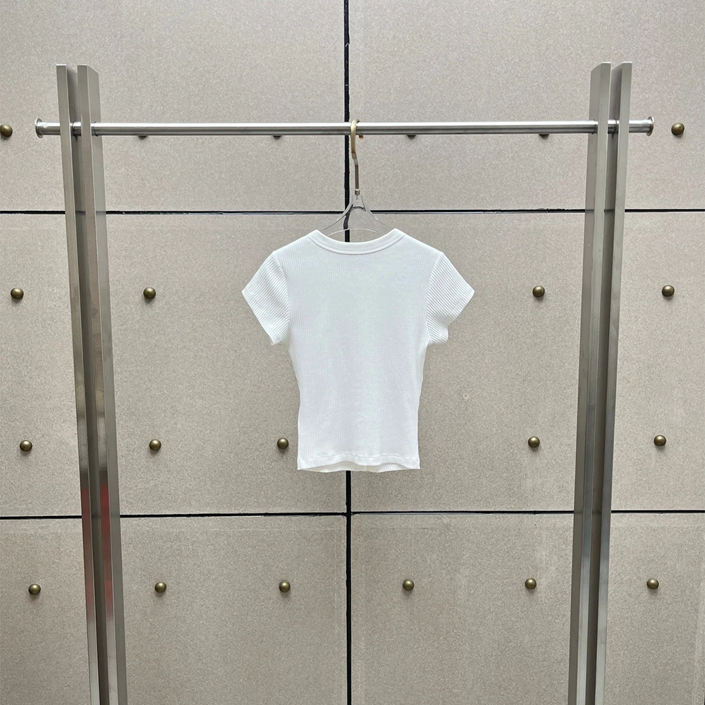 Ladies Cotton Ribbed Short Sleeve T Shirt Front Button Slim Cropped Tee Soft Breathable Basic Top Women Daily Casual Blouse