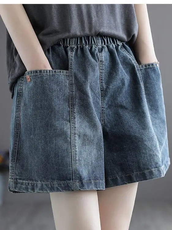 Summer Korean Style Loose Fit Short Jeans Women's High Waist Wide Leg Thin Fabric Breathable Comfortable Pocket Design Shorts