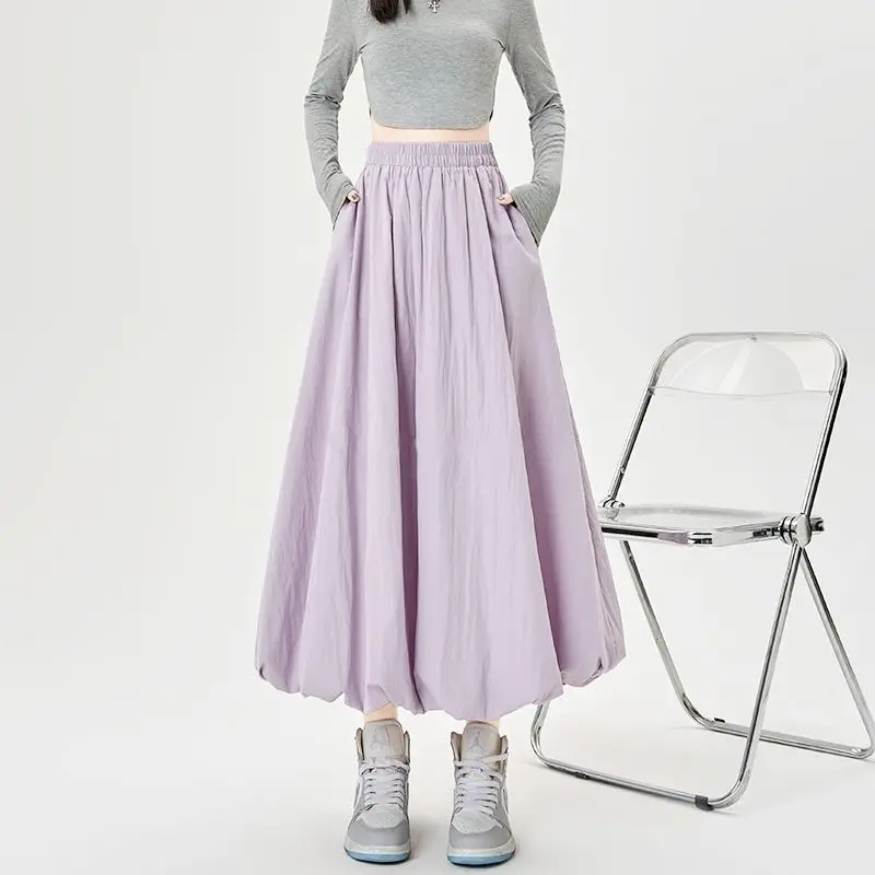 

Sweet Girl's Puffy Flower Bud Skirt Solid Color Versatile A-line Skirt High-waisted Slim Lantern Long Skirt