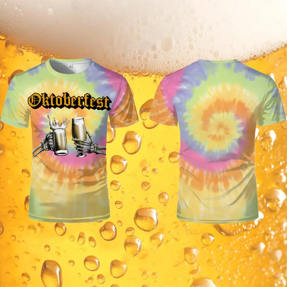 

German Oktoberfest Party T-shirt Tie-Dye Style Printed Breathable Tee Men's And Women's Oversized Crew Neck Short-sleeved Tops