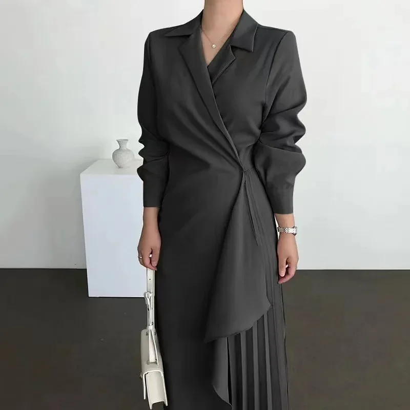 2024 Autumn Dresses Women Pleated Formal Elegant Shirt Long Dress Office Lady Muslim Vintage Solid Color Suit Evening Vestido