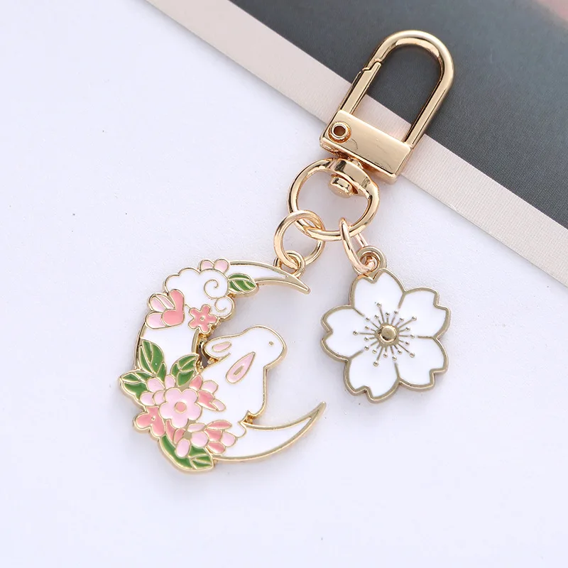 Fashion Cute Moon Cherry Rabbit Keychain for Women Sweet Cartoon Enamel Gold Color Key Chain Bag Car Key Decoration Girls Gift