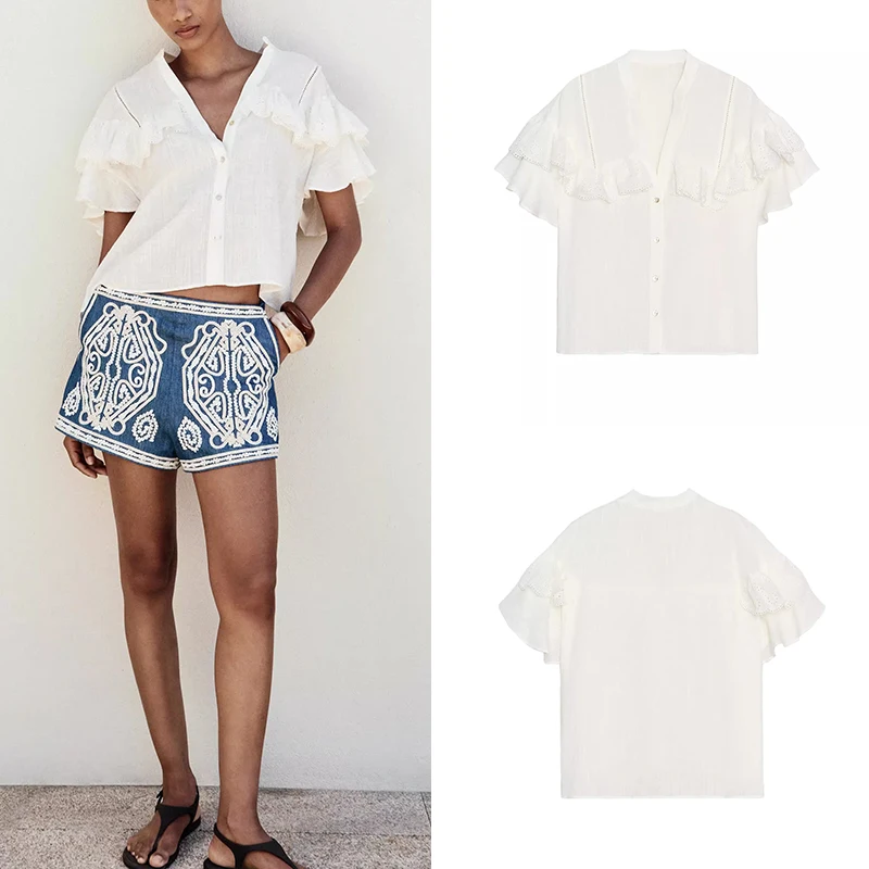 

Faionable Layered Decorative Simple ort Sve V-Ne irt Women's Clothing Summer 2025 Straight Cut Polyester Fiber