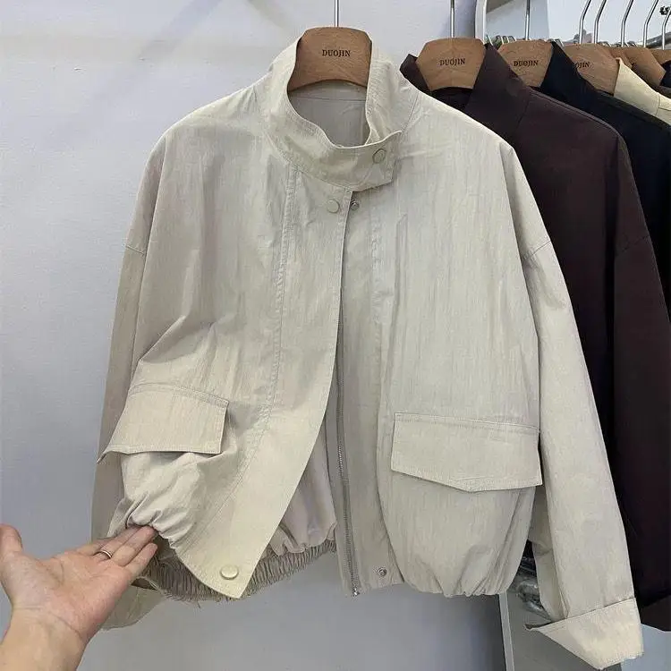 

Women's Short Jacket Spring Autumn New Casual Femme Windbreaker Stand Collar Tooling Jacket Basic Zipper Coat Tops