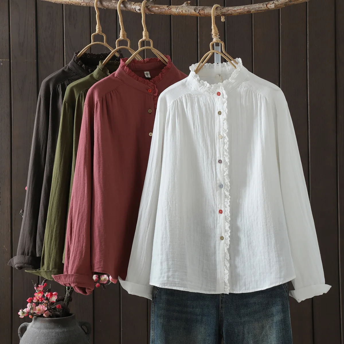 

Женские блузки в японском стиле Mori для осени и весны 2026 года, 100% хлопок, однотонные, шикарные базовые рубашки-топы для женщин