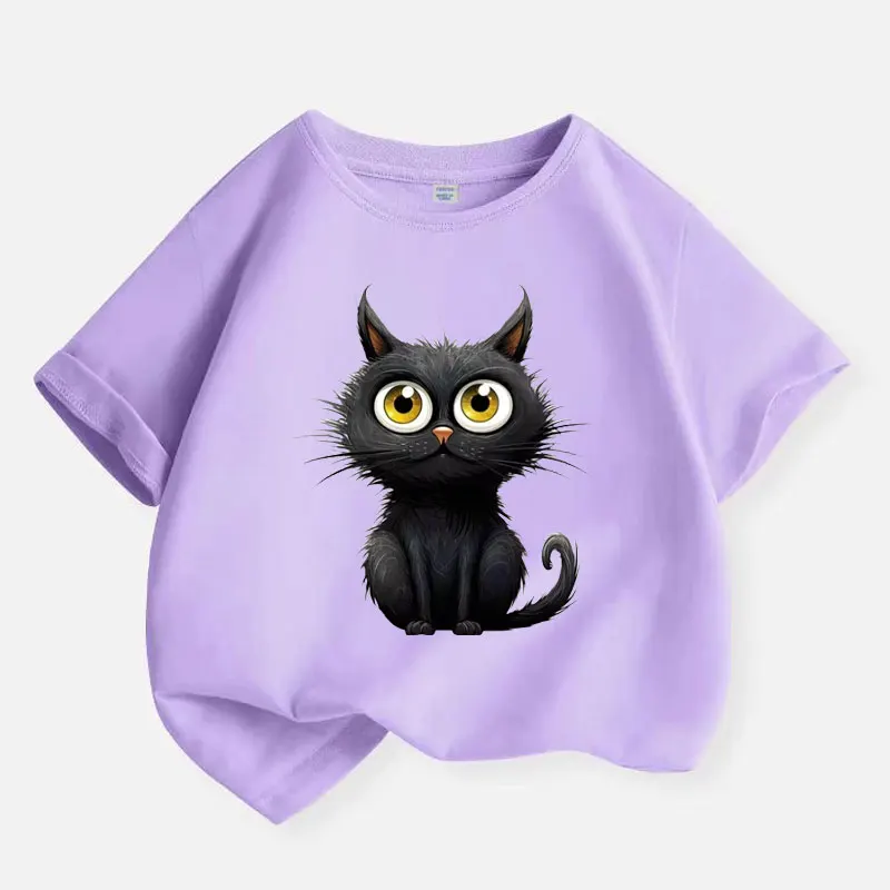 Cute Black Cat Print Print Baby Girls T-shirt Cotton Summer Pink Purple Fashion Tops Tee Kids T Shirt Clothes Teen 6 8 10 12 Yea