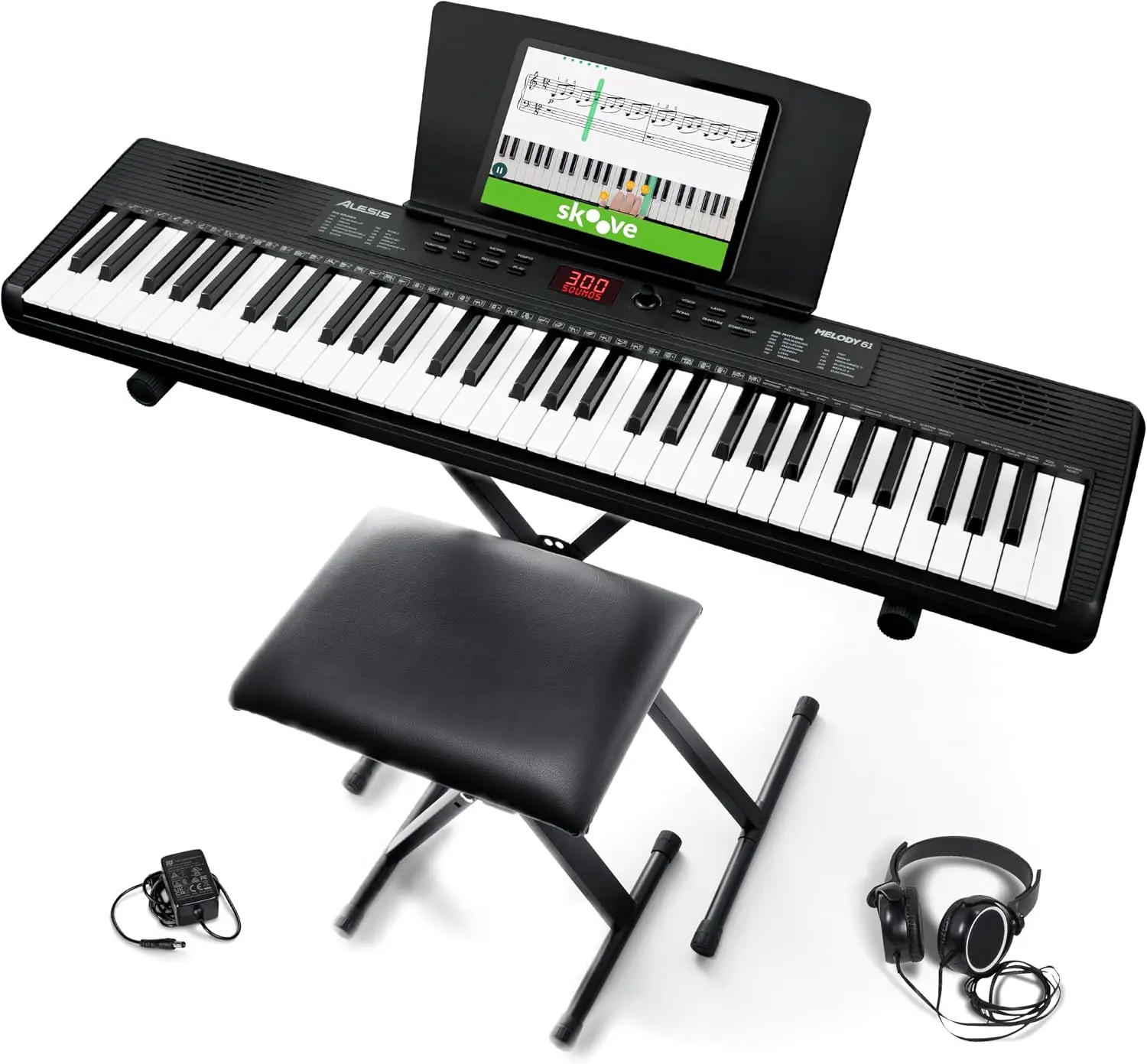 61-Key Piano Keyboard Bundle with Stand, Bench, Headphones, and Lessons Included