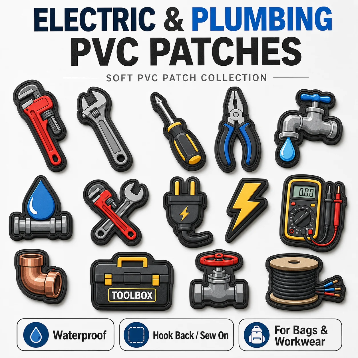 Custom Electrical Plumbing PVC Patches Pipe Wrench Faucet Plug Multimeter Soft Rubber Hook and Loop for Bags Jackets Workwear