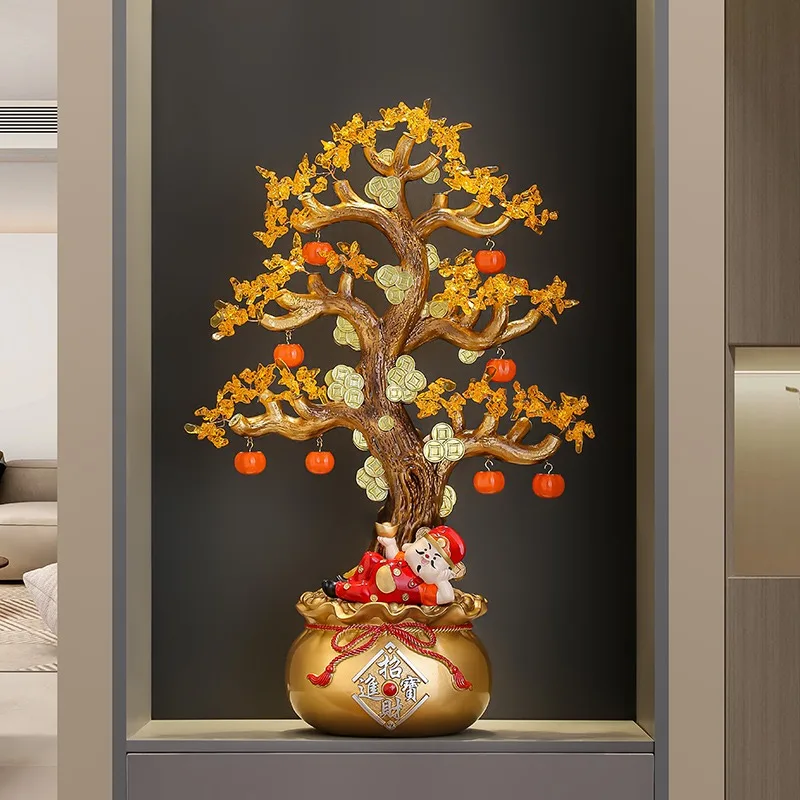 Twisted Branch Foliage Floor Ornament Round Orange Pendant Coin Shaped Accent Glossy Red Bag Vase Lobby Office Ground Display