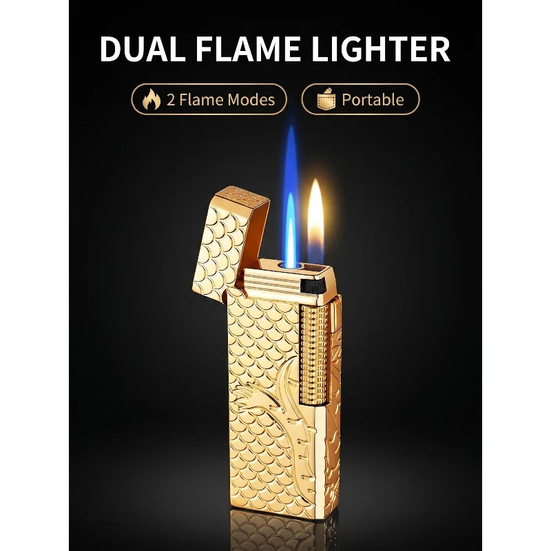 Derui Metal Dual Flame Lighter, Jet + Soft Flame, Zinc Alloy Resin Engraved Butane Lighter, Multi-color Optional