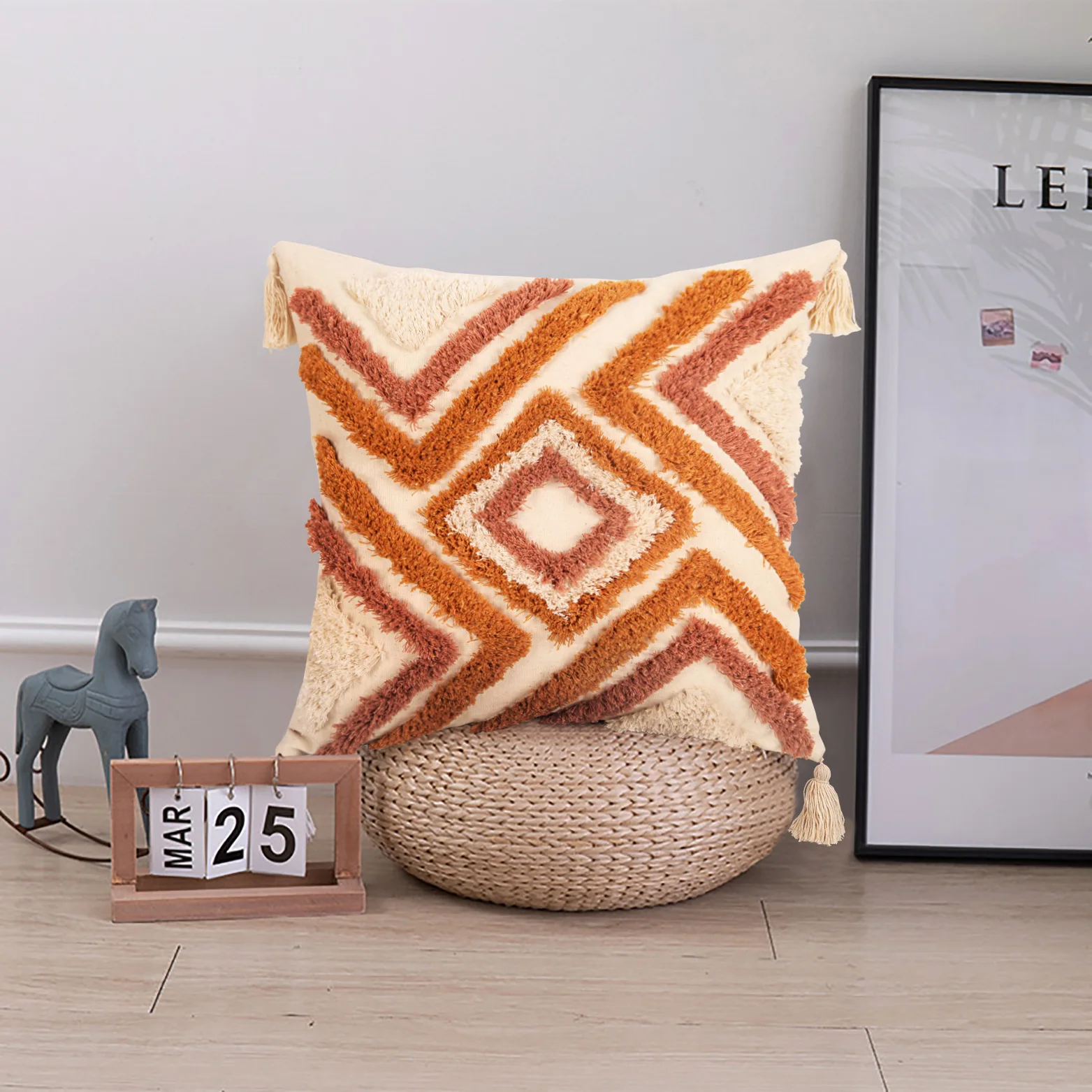 Bohemian Tufted Decorative Pillow Covers Orange Yellow Linen Cushion Cover with Tassel Geometrical Throw Pillow Cover Home Decor