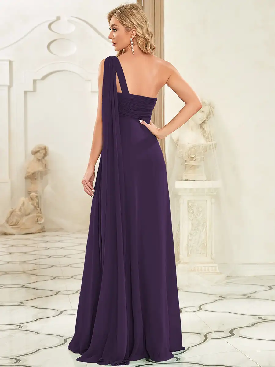 Elegant Evening Dresses Long One-Shoulder Ruched Side Draped 2024 Ever Pretty of Chiffon A-LINE Dark Purple Bridesmaid Dress