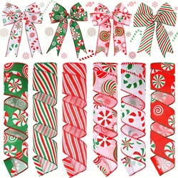 1pc 5 Yards Christmas Wired Edge Ribbon Candy Cane Burlap Ribbon for Party Home Christmas Bow Wreath Gift Wrapping DIY Crafts