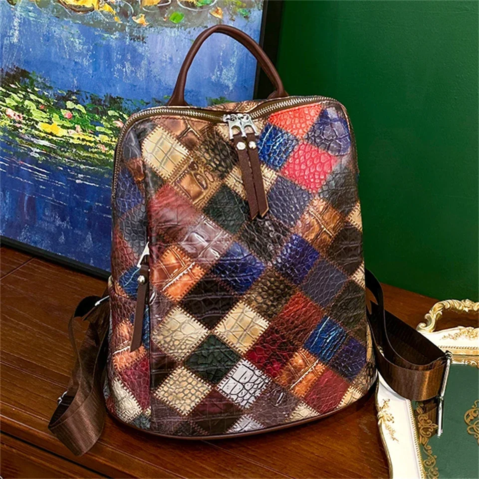 

Patchwork Vintage Backpack Women Leather Rucksack Women's Knapsack Travel Backpacks School Bags for Teenage Girls Mochila