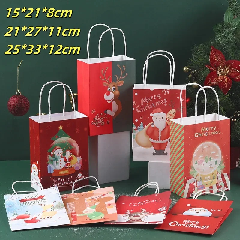 25PCS Kraft Paper Bags Christmas Gift Bags Merry Christmas Decor For Home Cristmas Navidad New Year Packing Bags with Handle