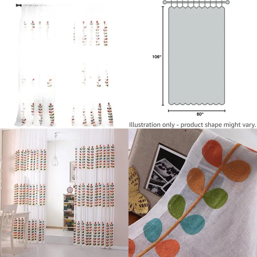 

Colorful Leaf-Embroidered White Sheer Curtains, 60 W x 106 L, Set of 2 for Living Room & Bedroom
