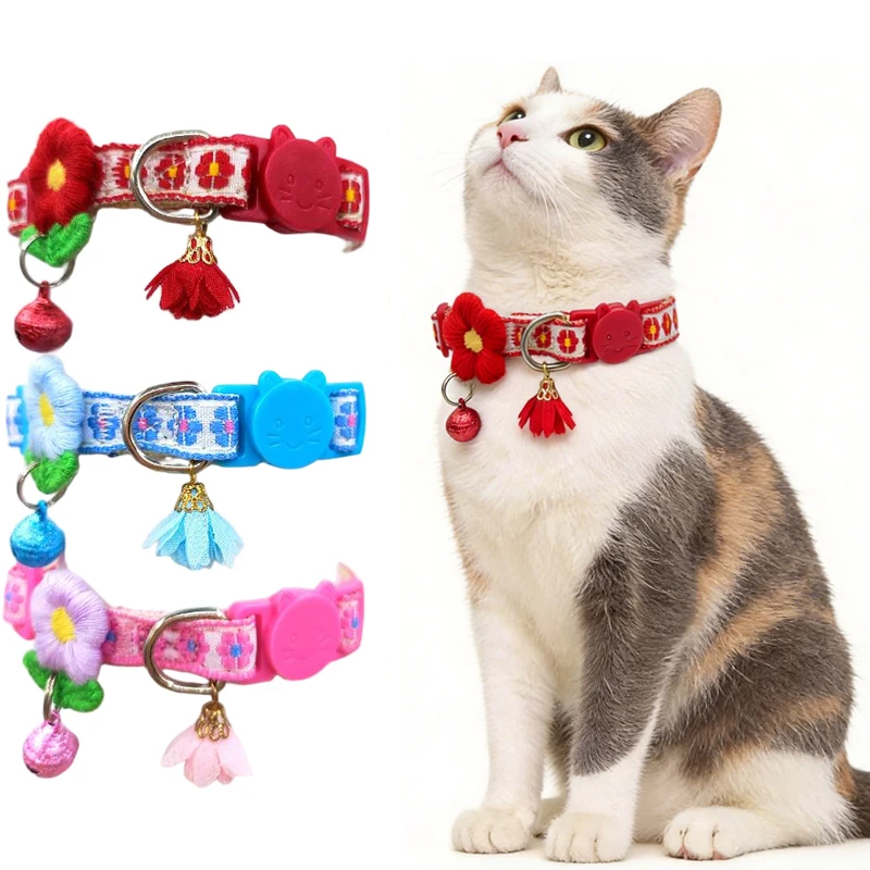 Embroidered Polyester Fiber Cat Collar With Safety Buckle, Round Floral Pet Collar With Bell & Pendant, Adjustable Durable Cute