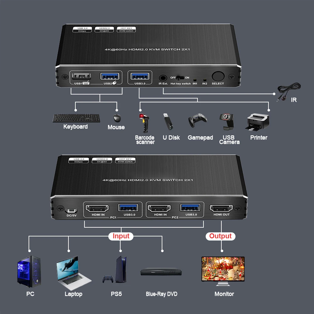 8K HDMI Switcher 2 in 1 Out Audio Extractor Unterstützung Atmos Soundbar SPDIF Toslink RCA Audio Fernbedienung ARC Auto Switch