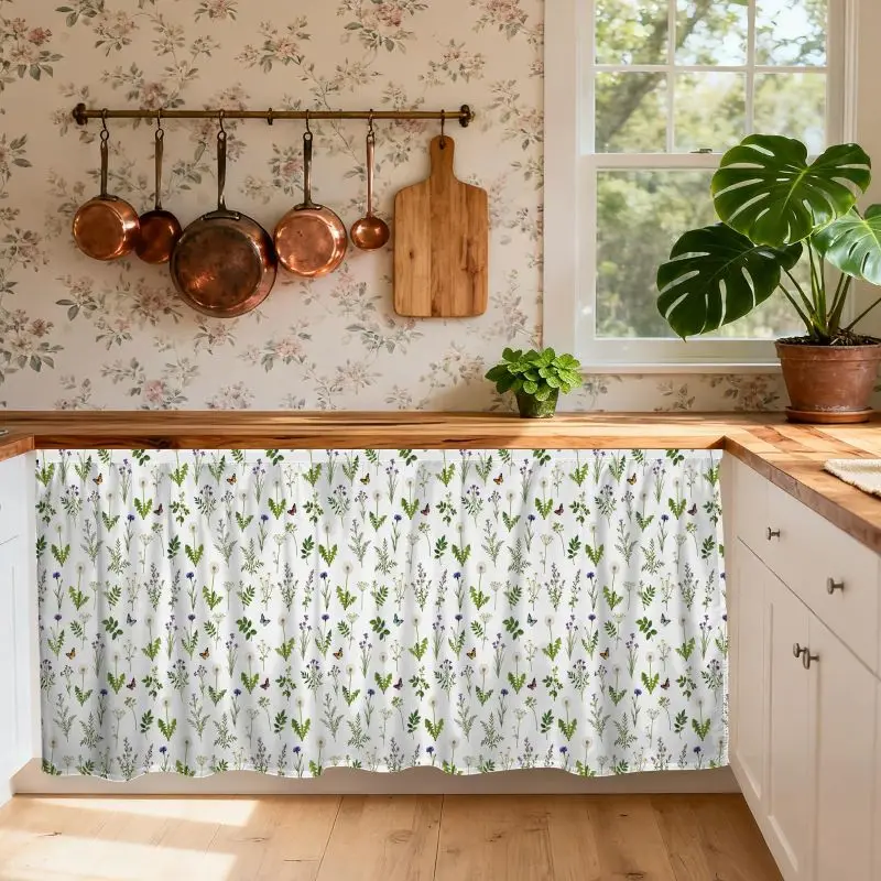 VIKAMA Watercolor Wildflower Butterfly Cabinet Curtain Farmhouse Under Sink Dust Cover Kitchen Counter Decor Short Curtain