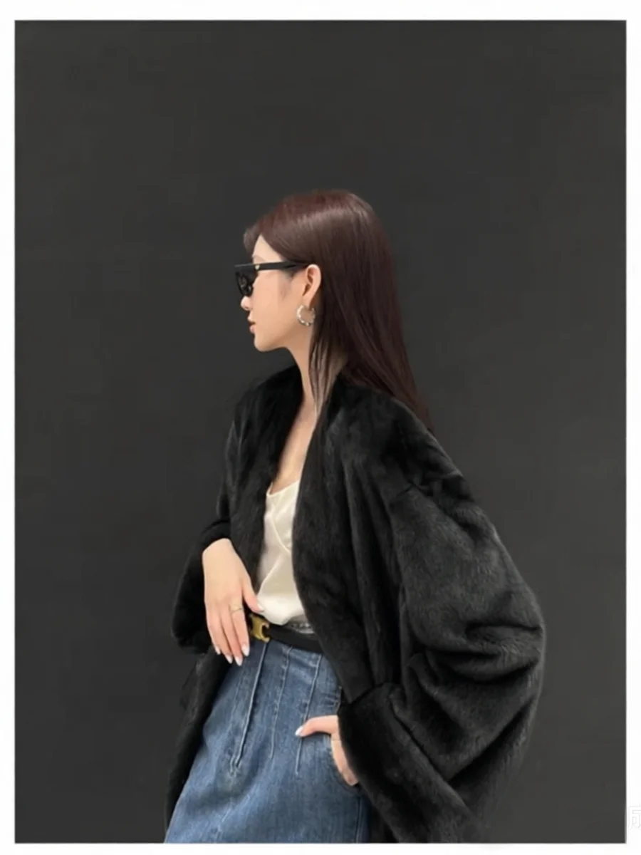 Lautaro Winter Long Vintage Elegant Luxury Chic Thick Warm Soft Brown Fluffy Faux Mink Fur Coat Women V Neck Furry Overcoat 2023
