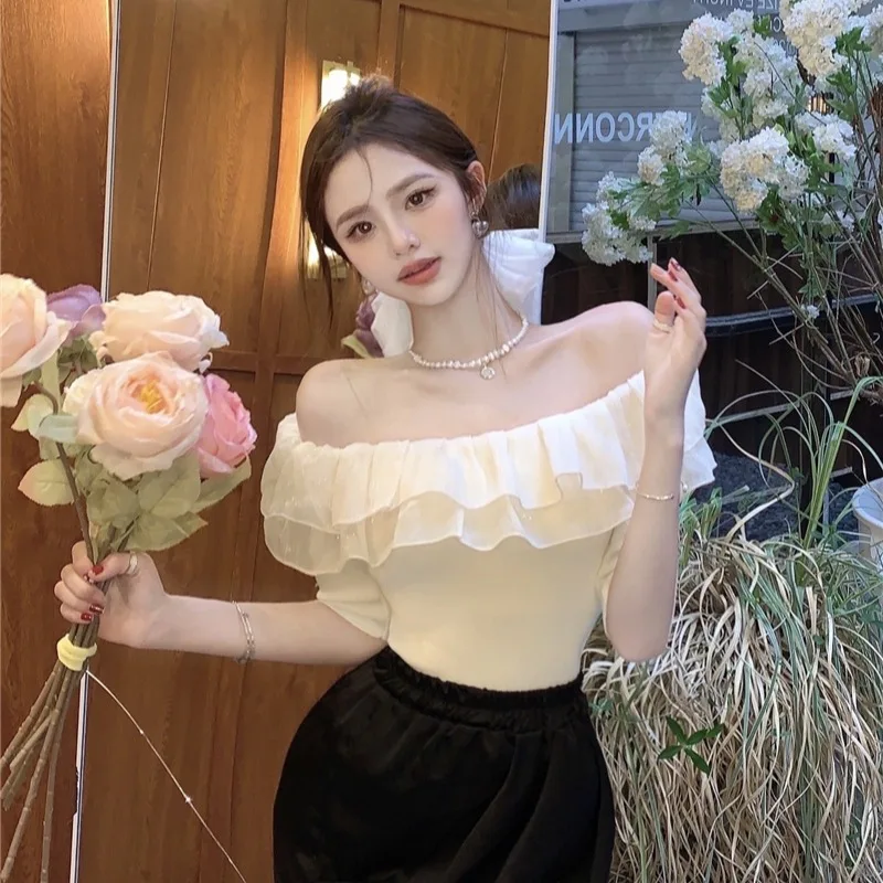 

Ele Korean Sle Knitted Top with Large Collar One oulder Splicing Double Layer Lace Casual Breathable Cotton