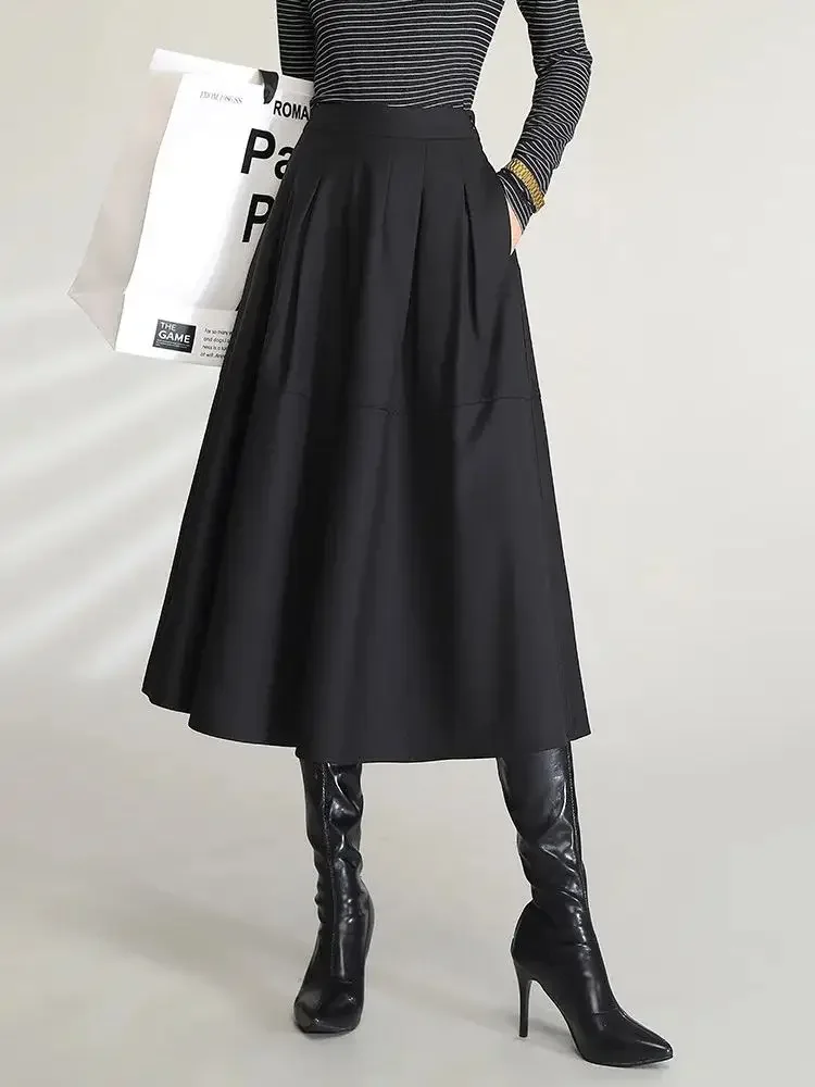 

LOUIS YAO Women Elegant Black Midi Skirts 2024 High Waist Commuting Casual A Line Umbrella Long Skirt with Slit and Pockets