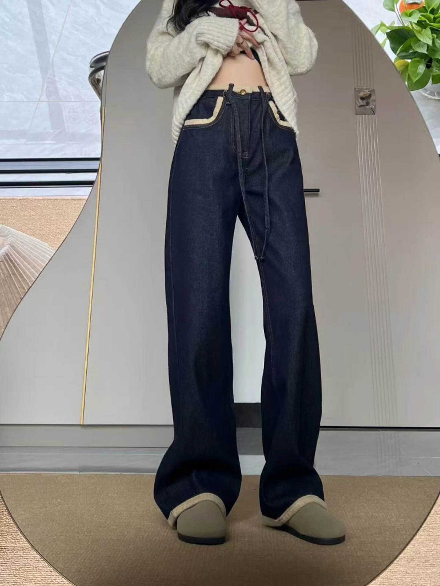 plus Size American Sle Fce Lined Thi Straight Leg Jeans Women Winter Warm Wide Leg High Waist Denim Pants Bootcut Trou...