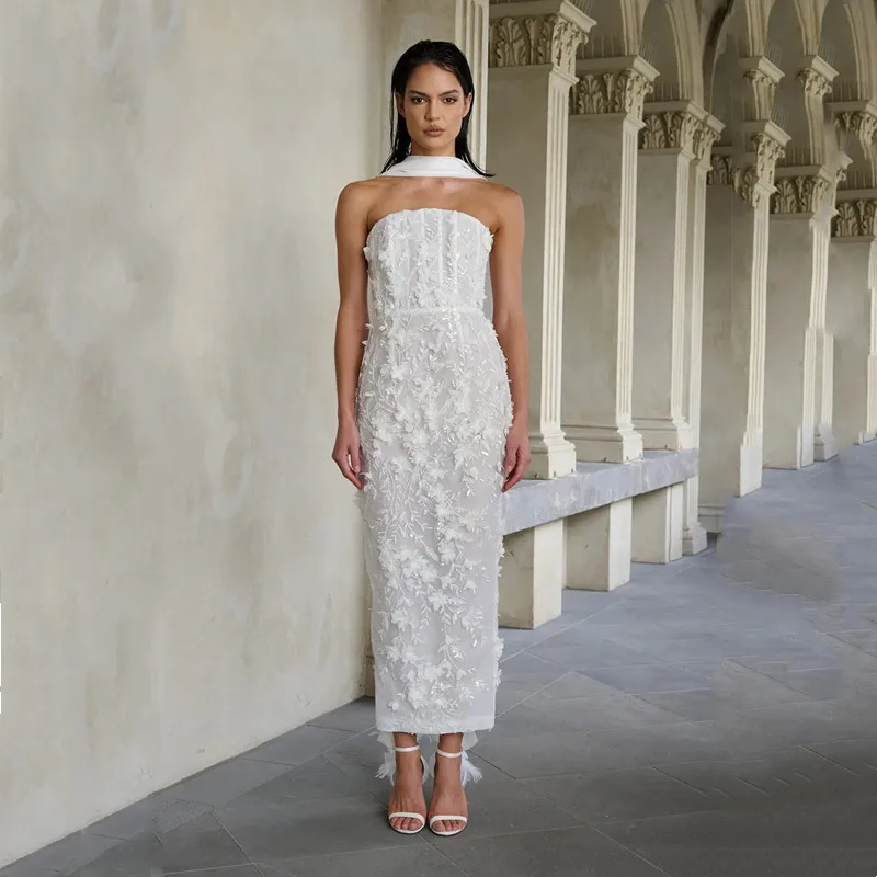 

Customized Vintage Mermaid Lace Appliques Wedding Dress Simple Sleeveless Strapless Pleat Sexy Backless Zipper Ankle-Length Gown