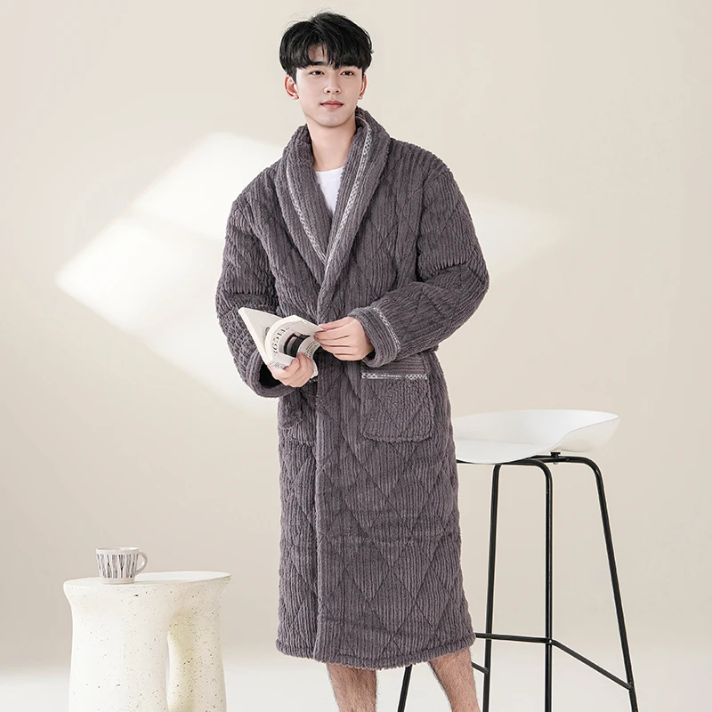 Bata gruesa y cálida de franela para hombre, bata acolchada de punto de manga larga, cómoda, suave y sólida, informal, L-XXXL de baño para invierno