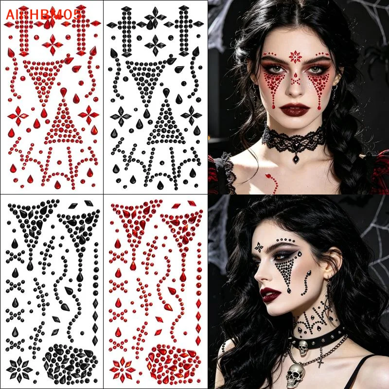 (HB05)1Pc Halloween Face Rhinestone Sticker Red Black Spider Web Cross Scar Self-adhesive Gem Decal Horror Cosplay Makeup Sticke