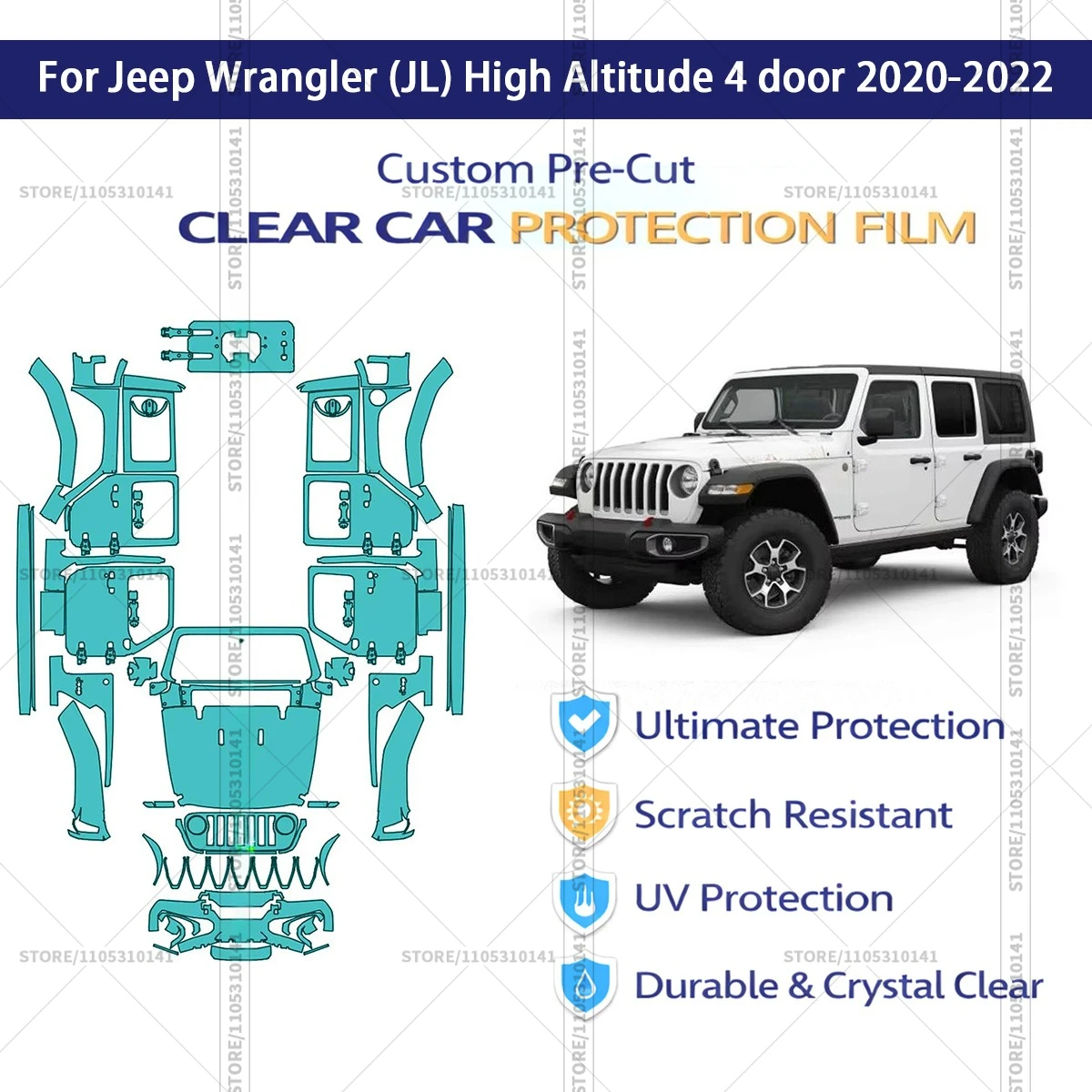 

Защитная пленка PPF для Jeep Wrangler (JL) High-Altitude, 4-дверный, 2020-2022, предварительно вырезанная, прозрачная, автомобильная пленка PPF