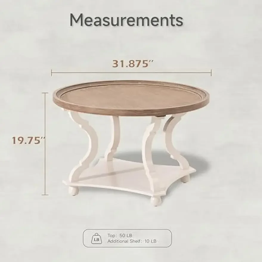 Mesa de centro redonda de fazenda com acabamento artesanal, mesa de centro rústica com bandeja de madeira para espessura adicionada, mesa de destaque