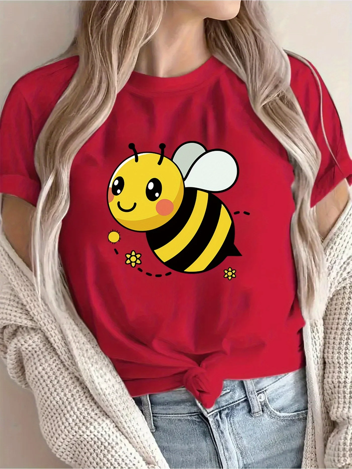 Summer Round Neck T-shirt for Women Casual Round Neck Short Sleeved T-shirt Cute Cartoon Bee Print Breathable Women's Top