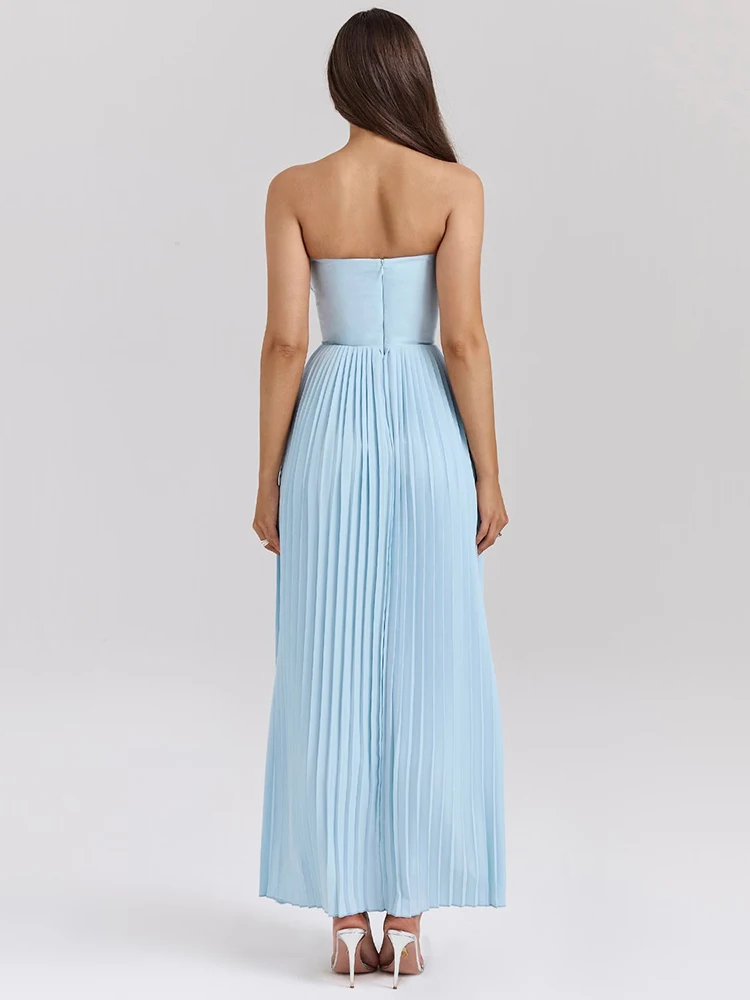 Mozision Off-shoulder Backless Pleated Maxi Dress For Women Fashion Strapless Sleeveless High Waist Bodycon Sexy Long Dress