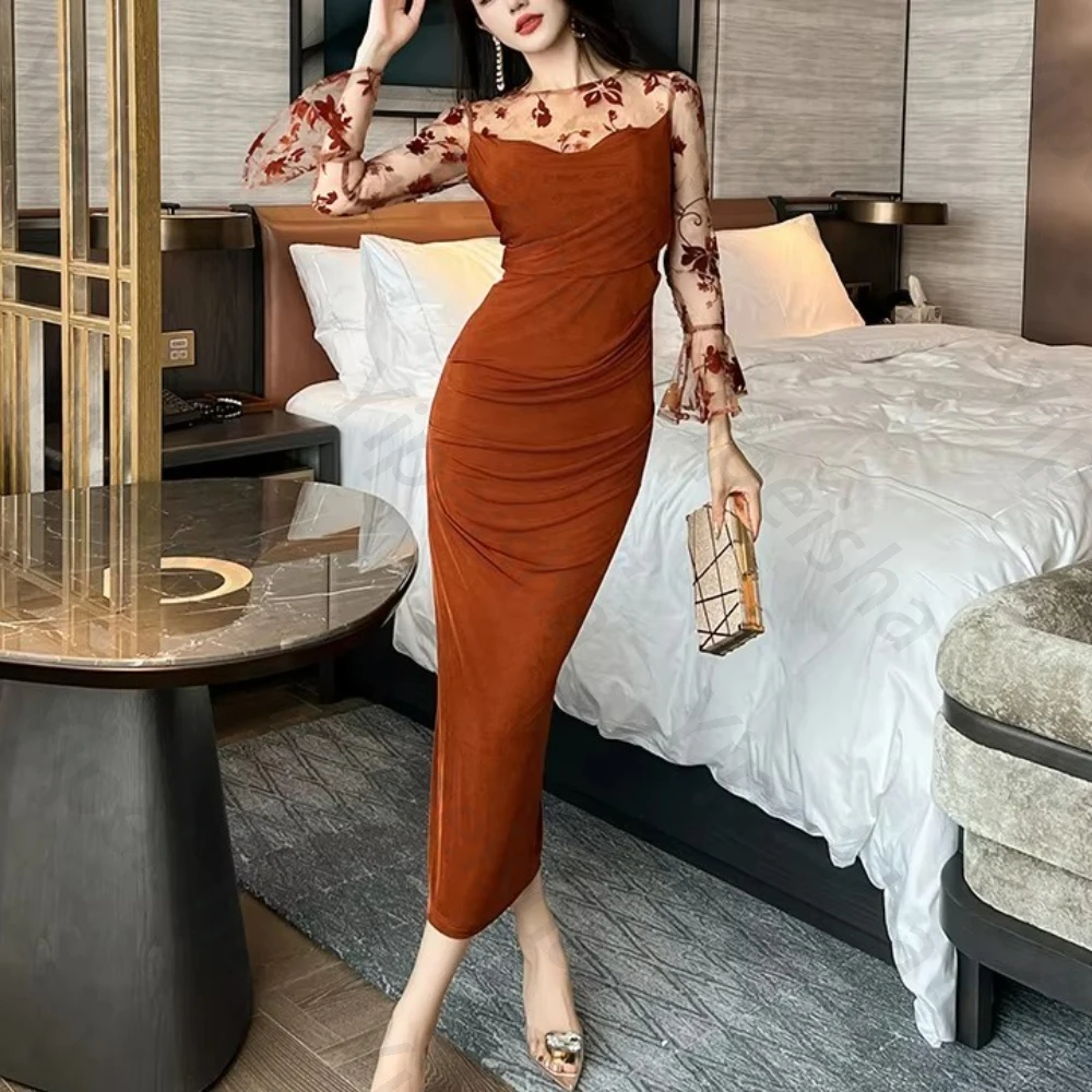 エレガントな O ネック長袖イブニングドレスセクシーなプリーツセレブドレス絶妙な高品質プロムパーティードレス女性カスタマイズ