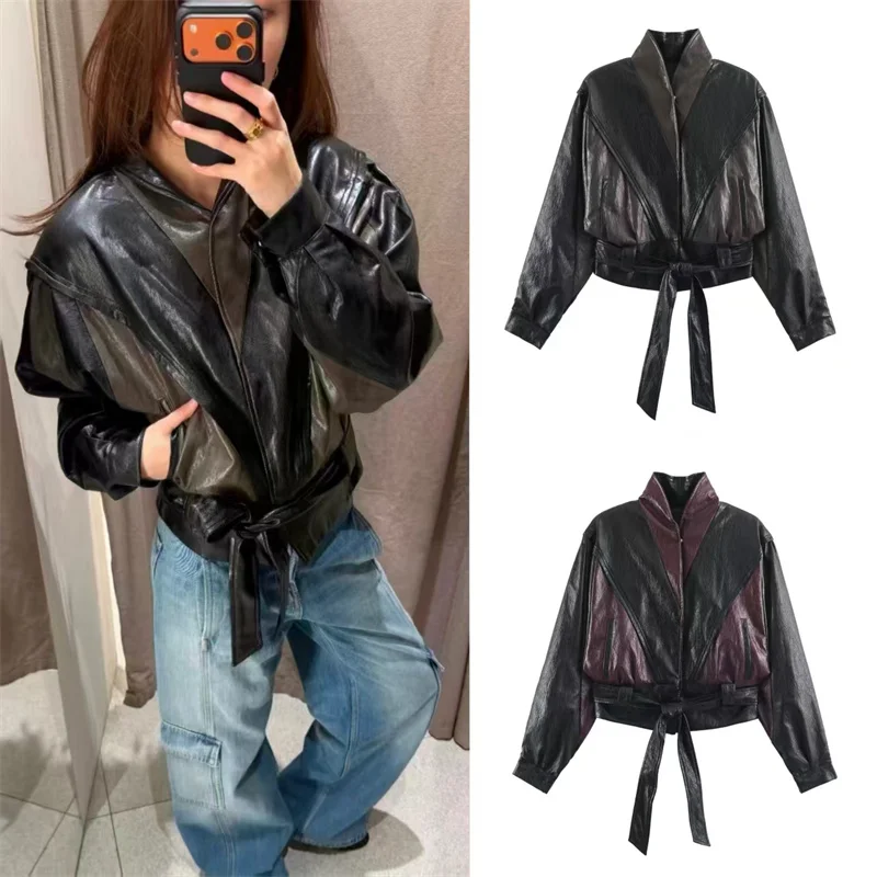 Guobioziy Women's Jacket 2026 Fall/Winter New Arrival Color-Block Long Sleeve Belted Faux Leather Motorcycle Loose Parka Stylish
