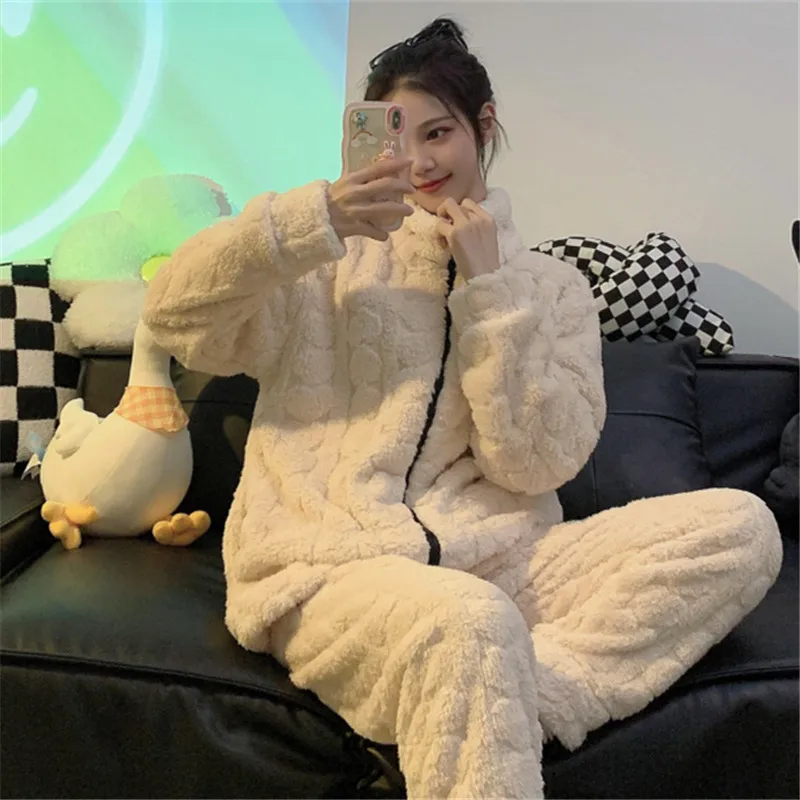 Winter Thickened Coral Fleece Sleepwear Set Zipper Style Women's Home Clothes Long Sleeve High Collar  Large Size