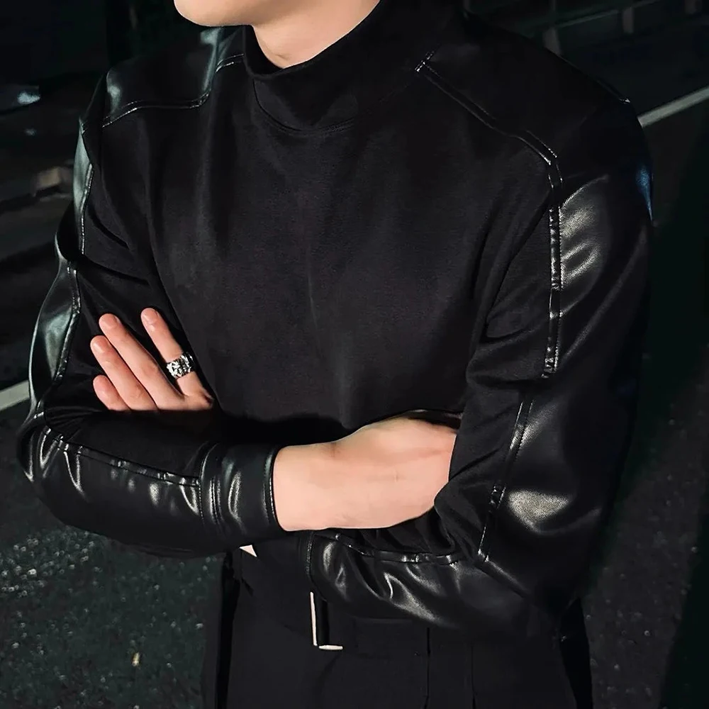 

Mens T-Shirt Pu Leather Stitching Slim Fit T-Shirt Spring Streetwear Fashion Leisure Campus Long-Sleeved Top Men'S Wear 2025 New