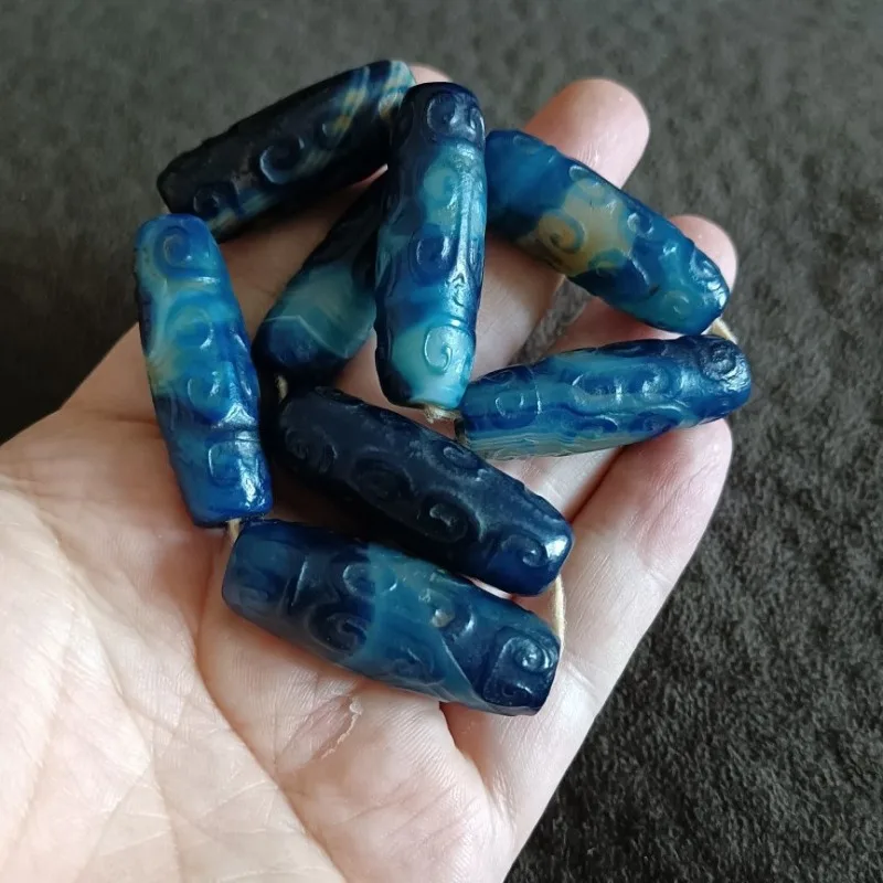 Cloud Embossed Tube Beads & Vintage Blue Swirl Cylindrical Beads Retro Oriental DIY Bracelet Making Jewelry Supply