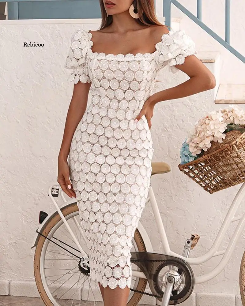 

New Fashion Lace White Evening Elegant Dresses Women Solid Color Summer Robe Female Midi Dress Bodycon Wedding Party Dress