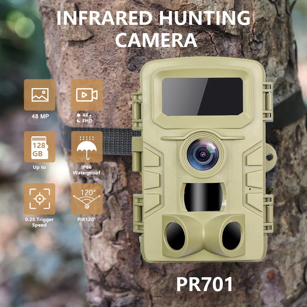 

PR-701 Hunting Trail Camera 48MP 4G SIM Card IP66 Waterproof 20M PIR Motion Detection Wildlife Camera IR Night Vision Device