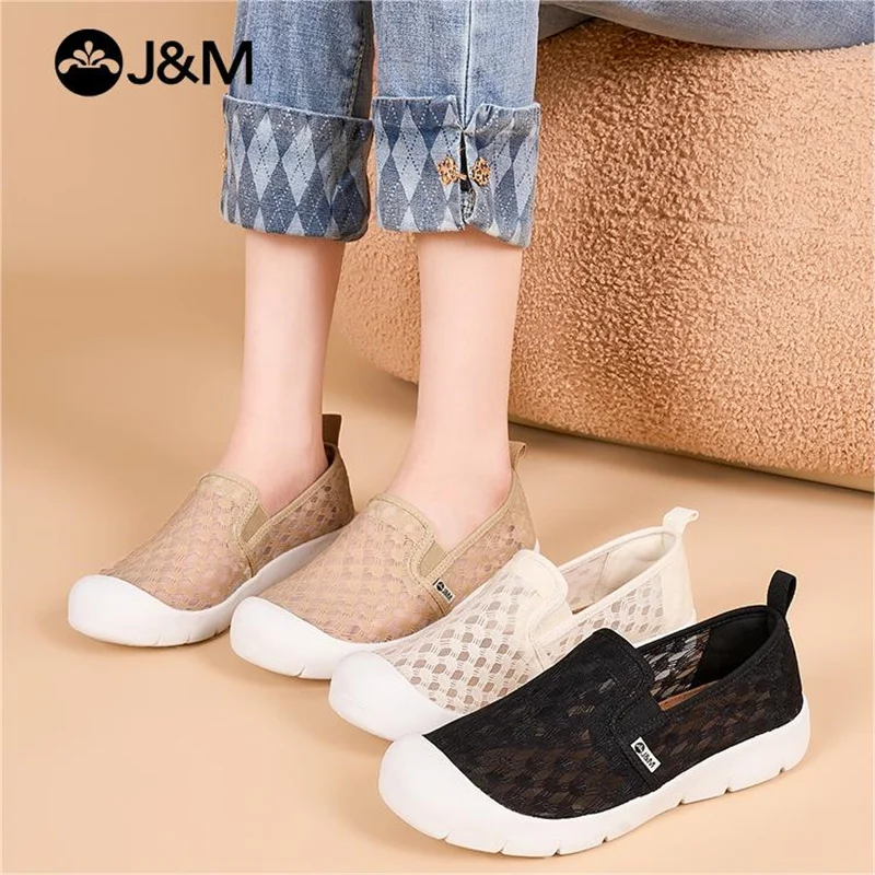 J&M Casual Shoes Women 2024 Lady Mesh Breathable Flats Spring Summer Slip-on Shoes White Shoes Walking Sports Black Sneakers